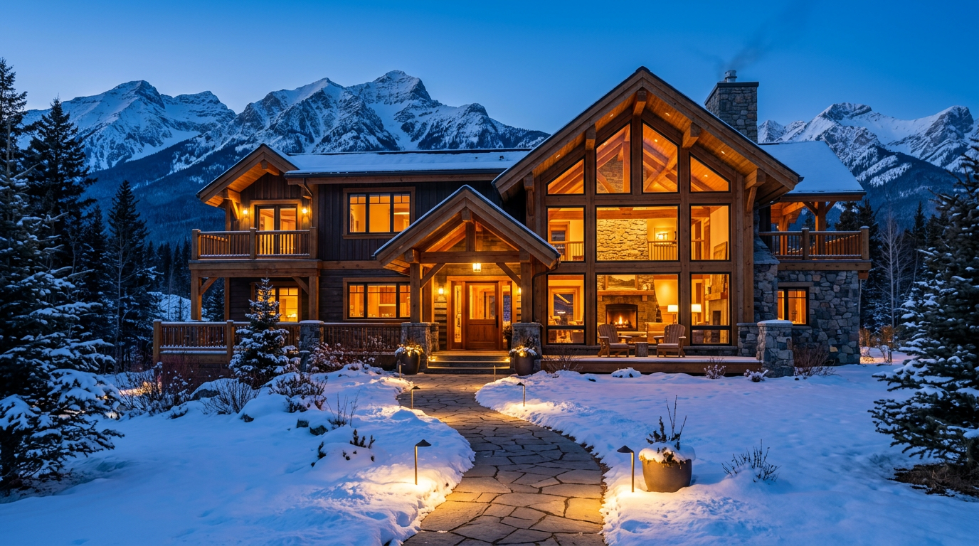 Elegant boutique mountain lodge at twilight with warm interior lights