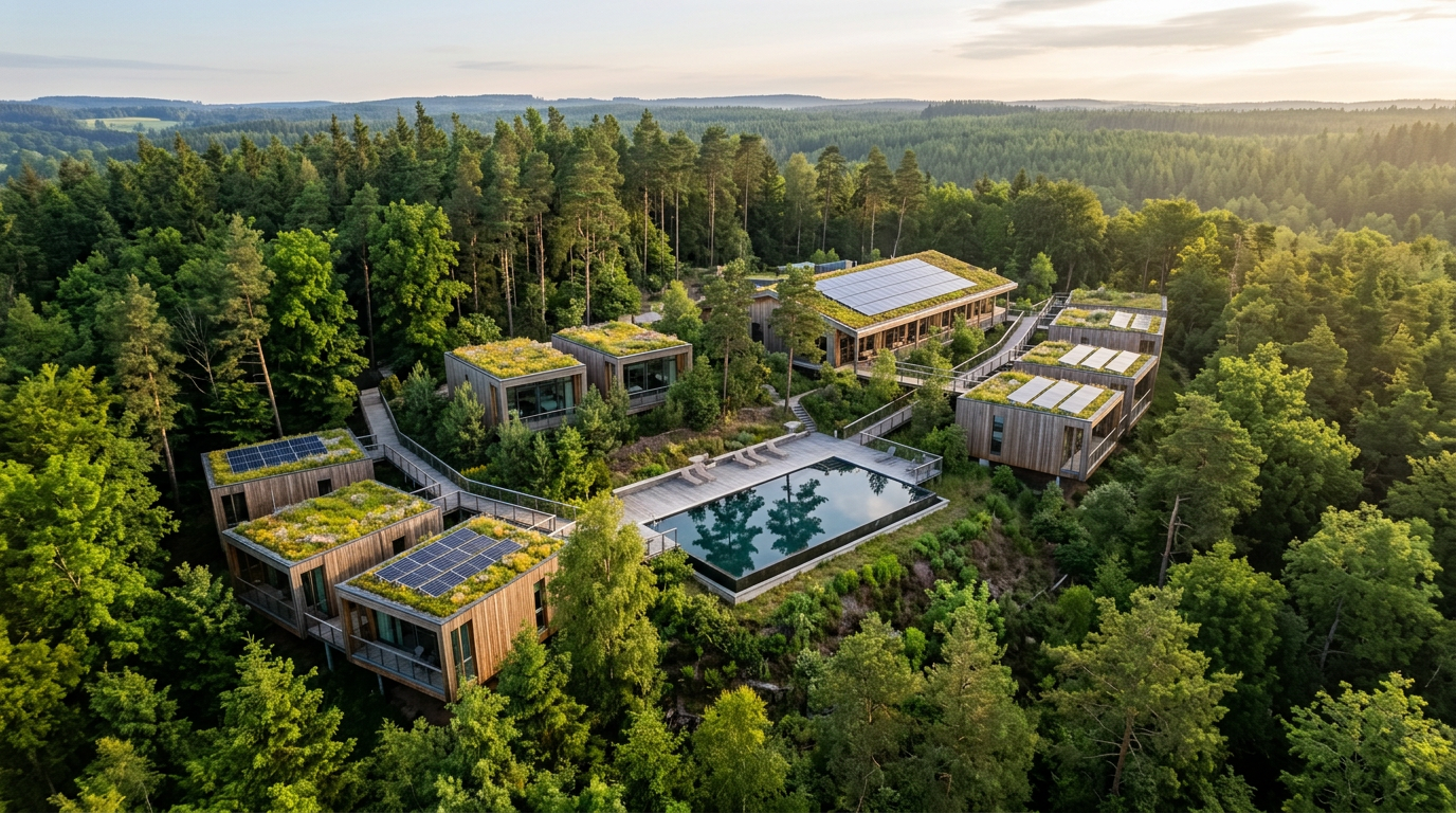 Aerial view of sustainable timber-and-glass pavilions in a forest